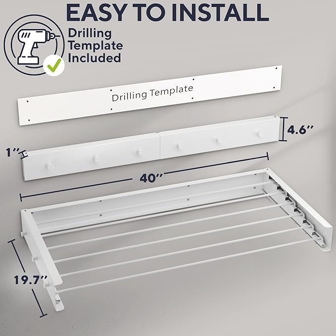 Delfori Foldable Wall Mounted Drying Rack 40 inch - Easy to Install Hanging Rack for Laundry Room - Space Saving Design with 66-lb Capacity - Perfect Drying Racks for Clothes Towels & More