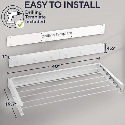Delfori Foldable Wall Mounted Drying Rack 40 inch - Easy to Install Hanging Rack for Laundry Room - Space Saving Design with 66-lb Capacity - Perfect Drying Racks for Clothes Towels & More