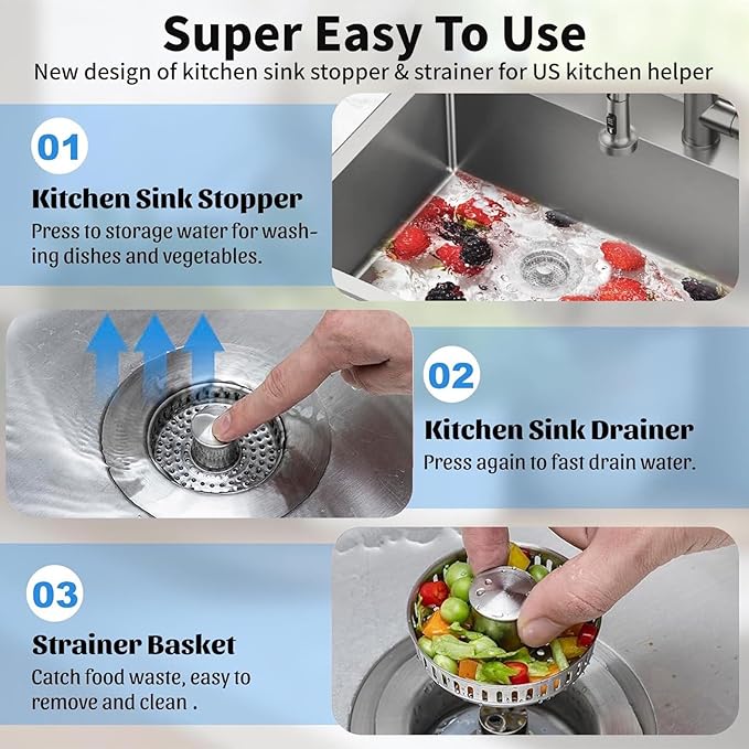 3-in-1 Kitchen Sink Drain Strainer : Pop Up Sink Stopper, 304 Stainless Steel Sink Drain Strainer, Kitchen Sink Stopper with Anti-Clogging Design, Kitchen Sink Strainer Fits US Standard 3-1/2'' Drains