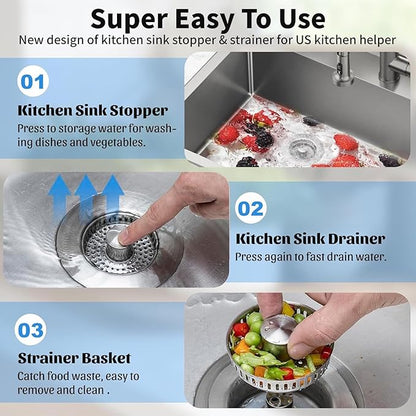 3-in-1 Kitchen Sink Drain Strainer : Pop Up Sink Stopper, 304 Stainless Steel Sink Drain Strainer, Kitchen Sink Stopper with Anti-Clogging Design, Kitchen Sink Strainer Fits US Standard 3-1/2'' Drains