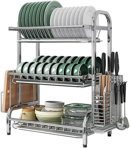 Counter Dish Stainless Steel Dish Drying Rack for Countertop - Rustproof Space-Saving & Multipurpose 3-Tier Dish Rack for Kitchen Counter with Utensil Holder, Large-Capacity Kitchen Organizer