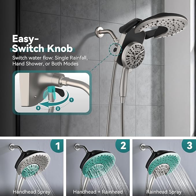 Rain Shower Head with Handheld: Foldable High Pressure Shower Heads with Handheld Spray Combo, 9 Spray Settings/Modes Hand Held Showerhead Dual Rainfall Shower Head Built-in Magnetic Docking and Jets