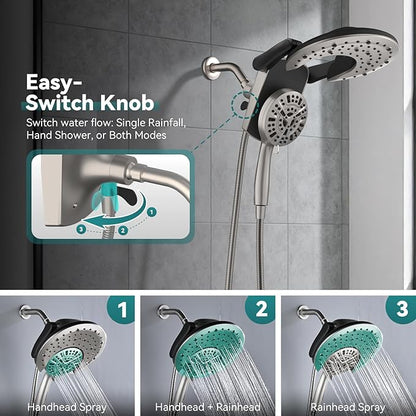 Rain Shower Head with Handheld: Foldable High Pressure Shower Heads with Handheld Spray Combo, 9 Spray Settings/Modes Hand Held Showerhead Dual Rainfall Shower Head Built-in Magnetic Docking and Jets