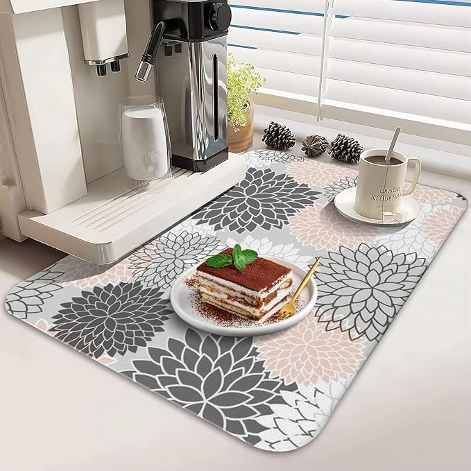 Dish Drying Mat for Kitchen Counter 2 Pack with Non-Slip Rubber Backing - Heat-Resistant Absorbent Coffee Bar Mat, Dish Rack Mat, Pink / Grey Dish Drying Mats 18x24+19.5x12 inch