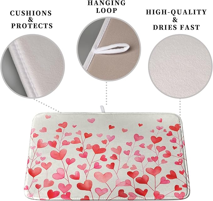 Valentines Pink Love Heart Dish Drying Mat Valentine Day Absorbent Microfiber Dish Drying Pad Heat Resistant Kitchen Counter Draining Mat Extra Large Dish Drainer Rack Mats 18x24 Inch