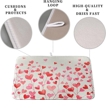 Valentines Pink Love Heart Dish Drying Mat Valentine Day Absorbent Microfiber Dish Drying Pad Heat Resistant Kitchen Counter Draining Mat Extra Large Dish Drainer Rack Mats 18x24 Inch
