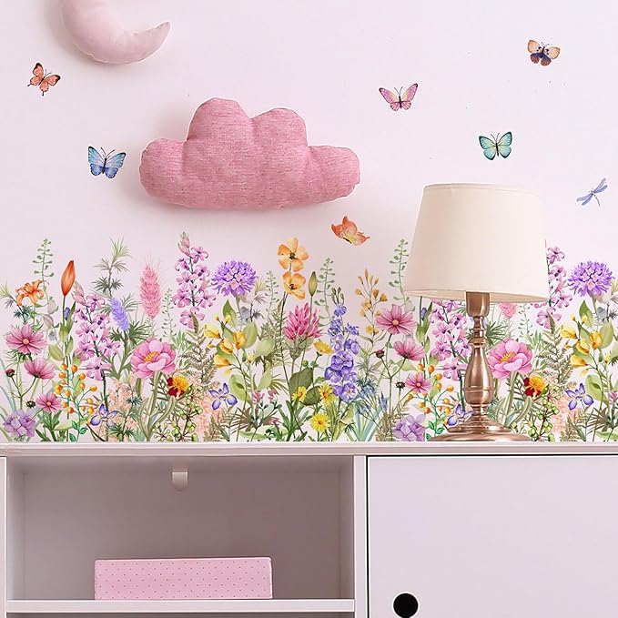 Wildflower Wall Decals Peel & Stick Floral Wall Art - Removable Flower Wall Stickers for Girls Bedroom Nursery Living Room DIY Home Decor with Butterflies Vines Daisies