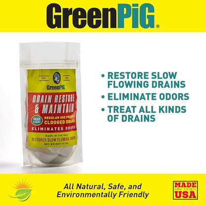 GREEN PIG Drain Clog Remover, Garbage Disposal Cleaner and Deodorizer, 58 Restore Maintain Treatment Repairs Clogged Drain, Eliminates Odors, Safe for Regular Use, 12 Packets