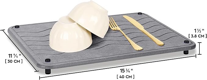 Spaceneat Diatomite Stone Drying Mat for Kitchen Counter - Rapid Moisture Removal - 15.7" x 11.8" Large Dish Drying Stone for Kitchen Sink - Diatomaceous Earth Quick Dry Dish Mat - Gray Waves