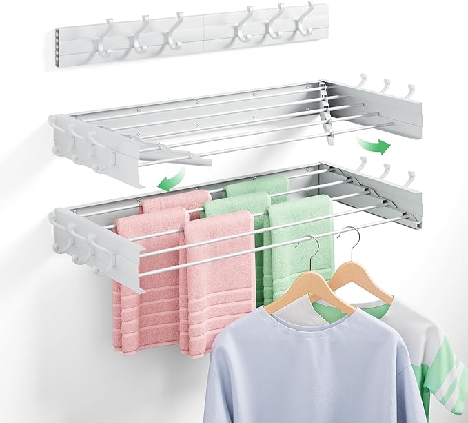BAKON Wall-Mount-Clothes-Drying-Rack for Bathroom, Foldable-Drying-Rack-Clothing for Small Space, 31.5'' Laundry-Dry-Rack-Collapsible with 6 Hooks and 5 Poles for Living Room, Bedroom, White