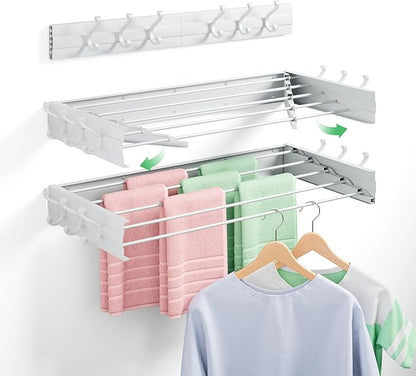 BAKON Wall-Mount-Clothes-Drying-Rack for Bathroom, Foldable-Drying-Rack-Clothing for Small Space, 31.5'' Laundry-Dry-Rack-Collapsible with 6 Hooks and 5 Poles for Living Room, Bedroom, White