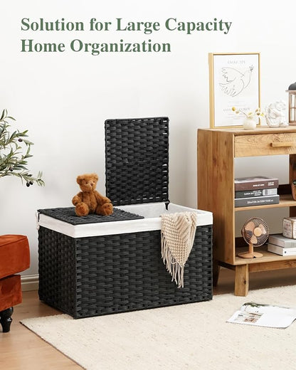Storage Basket with Lid Wicker Baskets for Storage with 2 Separate Lid 42.3 Gallon (160 L) 29.9 x 17.3 x 18.1 Inches Rattan Woven Large Wicker Basket with 2 Liners for Bedroom Laundry Black