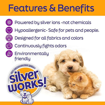 SilverWorks! Pet Odor Eliminator Spray For Home - Safe, Natural, Silver Ion Deodorizer - Cat, Dog Smell And Urine Odor Eliminator For Carpet, Furniture And Litter -16.9oz