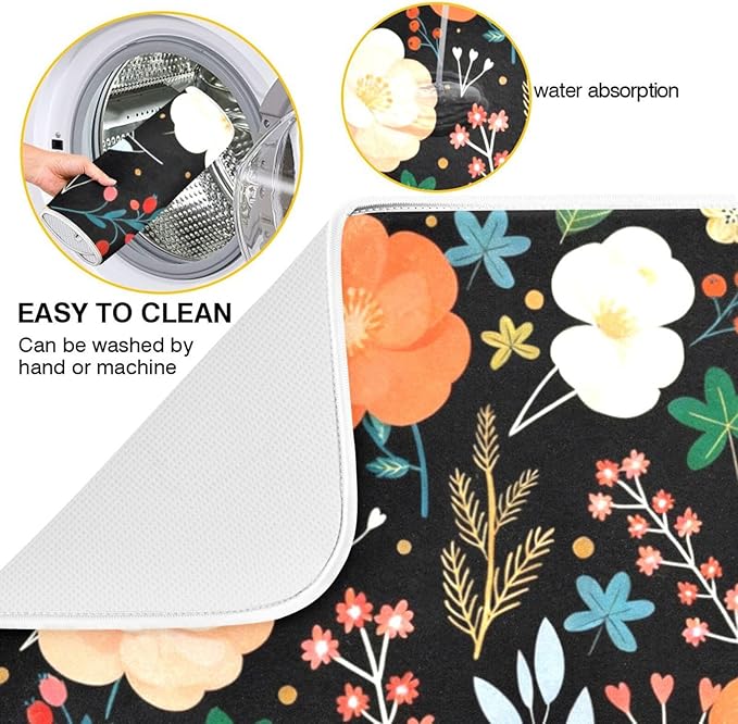 Dish Drying Mat for Kitchen Counter Colorful Flowers Black Absorbent Drying Matt for Dishes Sink Countertop 16'' x 18''