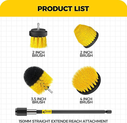 Holikme 5Pack Drill Brush Attachment Set，Power Scrubber Brush Extended Long Attachment for Bathroom Surfaces, Grout, Floors, bathtubs, Showers, Tiles, Kitchens and Cars，Yellow