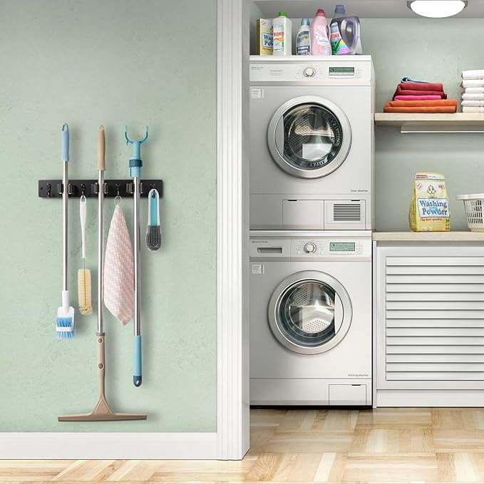 OUTNILI Black Mop Broom Holder Wall Mount with 3 Slots & 4 Hooks - Wood Broom Mop Hanger for Pantry Kitchen Organization - Garden Tool Organizer for Closet Laundry Room