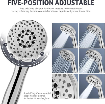 High Pressure Shower Head with Powerful Shower Spray & 59'' Stainless Steel Hose, 5 Spray Modes, Adjustable Bracket and Non-Clogging Nozzles（Black）