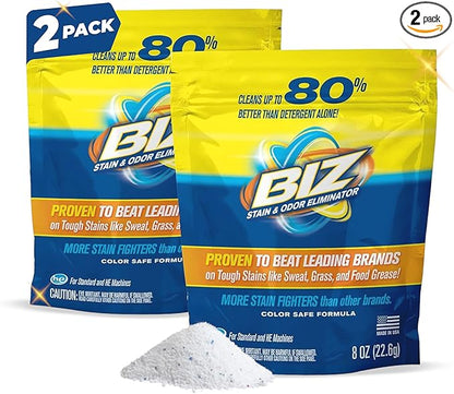 Biz Laundry Detergent Powder, Stain and Odor Eliminator for Tough Stains Like Grass Sweat and Food Grease, Powder Laundry Detergent, Color Safe, HE Safe, Unscented, Pack of 2, 16 oz Total