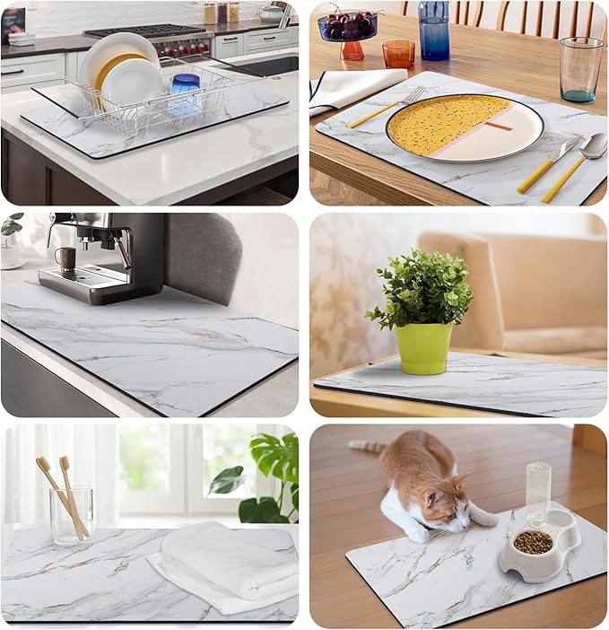 CooRug Marble Pattern Dish Drying Mat, Absorbent Coffee Bar Mat for Kitchen Counter, Non-slip Pad with Rubber Backed, Washable and Easy to Clean 16" x 24" Brick Marble