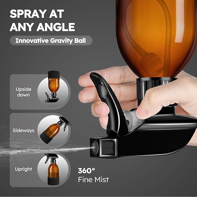 Tecohouse 2 Pack 360° Amber Glass Spray Bottles with Silicone Sleeve, 8 oz Empty Refillable Containers with Adjustable Spray Nozzles, Dark Spray Bottles for Cleaning Solutions, Plants (Black & Brown)