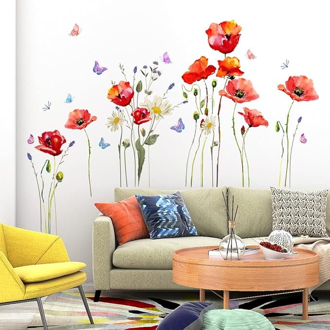 Watercolor Wall Stickers Red Flower Decal Removable Waterproof Wall Art Decor for Bedroom Living Room Offices Home Decoration