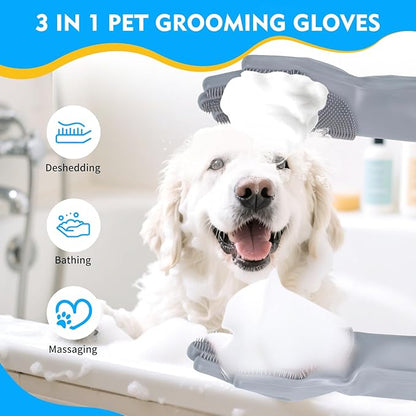 Reusable Cleaning Silicone Gloves with Scrubber Bristles for Dishwashing, Dog Pet Grooming & Car Wash (13.6" Large)