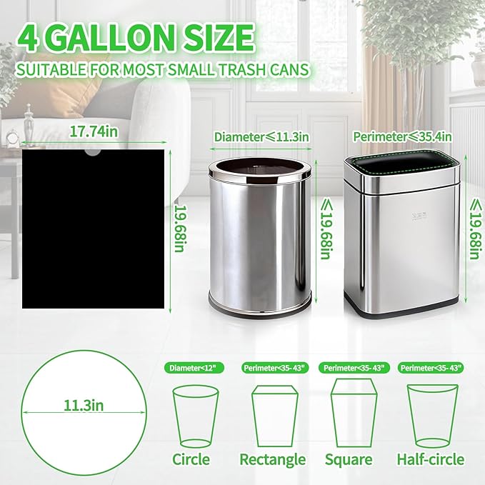 100 Count Small Drawstring Trash Bags for 4-Gallon (15 L) Trash Cans,Thick Pre-separated Garbage Bags,Mini Wastebasket can Liners for Bathroom Bedroom Office(Black)