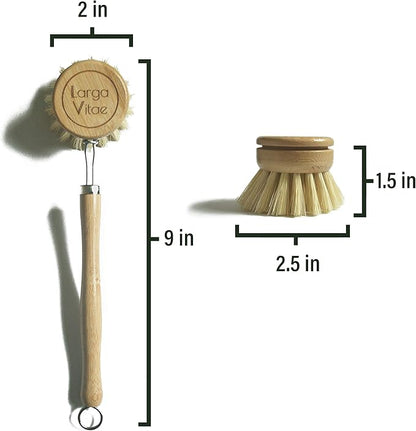 Wooden Dish Brush Made of Renewable Bamboo Wood and Natural Bristle Tampico Fiber, includes 5 Replacement Brush Heads, Durable, Long Lasting, All Purpose Kitchen Scrubber