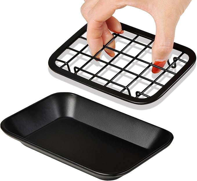 SheeChung Kitchen and Bathroom Soap Dish Tray - Metal Soap Dish Tray with Drainage Grid and Holder for Kitchen Sink Countertops to Store Soap, Sponges, Scrubbers - Rust Resistant (1 Pack, Black)