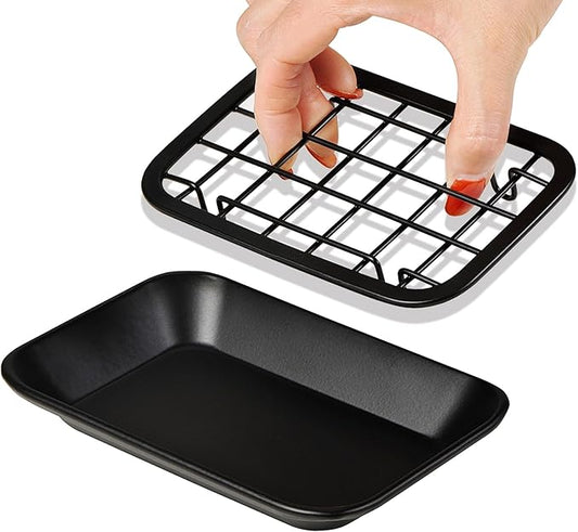 SheeChung Kitchen and Bathroom Soap Dish Tray - Metal Soap Dish Tray with Drainage Grid and Holder for Kitchen Sink Countertops to Store Soap, Sponges, Scrubbers - Rust Resistant (1 Pack, Black)
