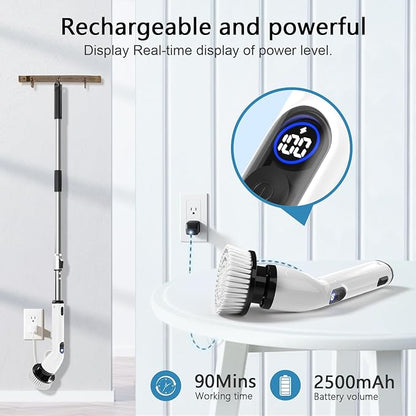 TUYU Electric Spin Scrubber, Full-Body IPX7 Waterproof Bathroom Scrubber with Power LCD Display, 8 Replacement Head, Adjustable Extension Handle, Cordless Shower Cleaner Brush for Bathtub Cleaning