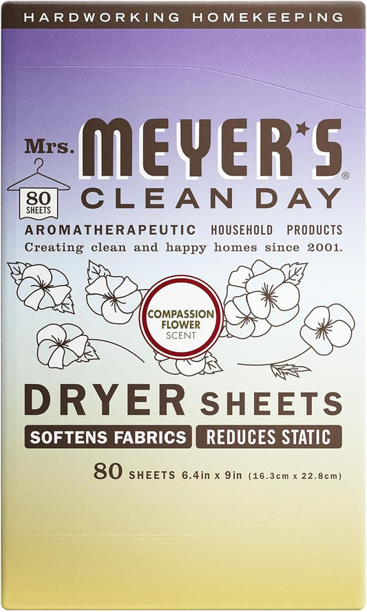 MRS. MEYER'S CLEAN DAY Dryer Sheets, Fabric Softener, Reduces Static, Infused with Essential Oils, Compassion Flower, 80 Count