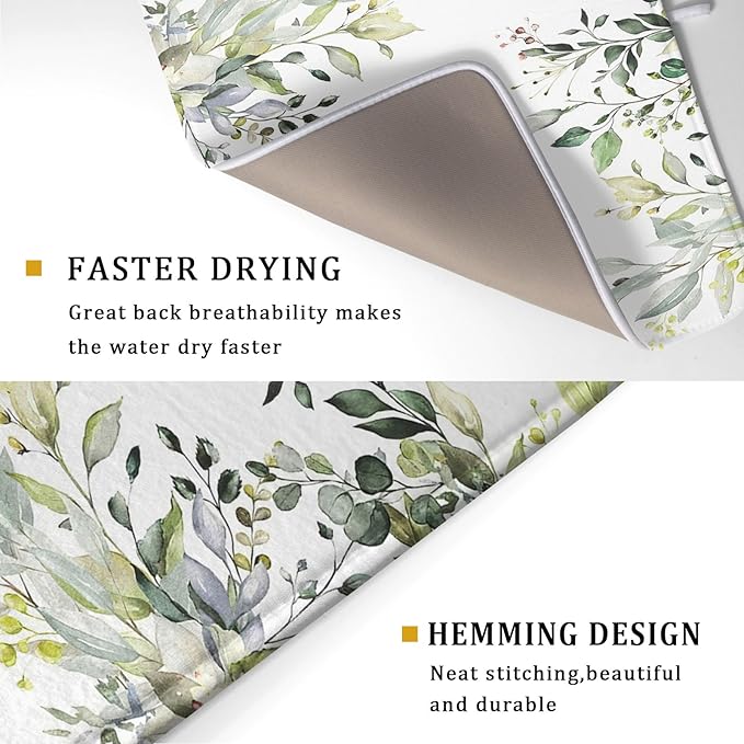 Green Eucalyptus Sage Leaves Dish Drying Mat 18 x 24 Inch With Absorbent Reversible Microfiber Plant Leaf Floral Spring Summer Drying Mats Fast Dry Pad Draining Mat For Kitchen Countertop