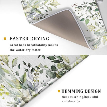 Green Eucalyptus Sage Leaves Dish Drying Mat 18 x 24 Inch With Absorbent Reversible Microfiber Plant Leaf Floral Spring Summer Drying Mats Fast Dry Pad Draining Mat For Kitchen Countertop