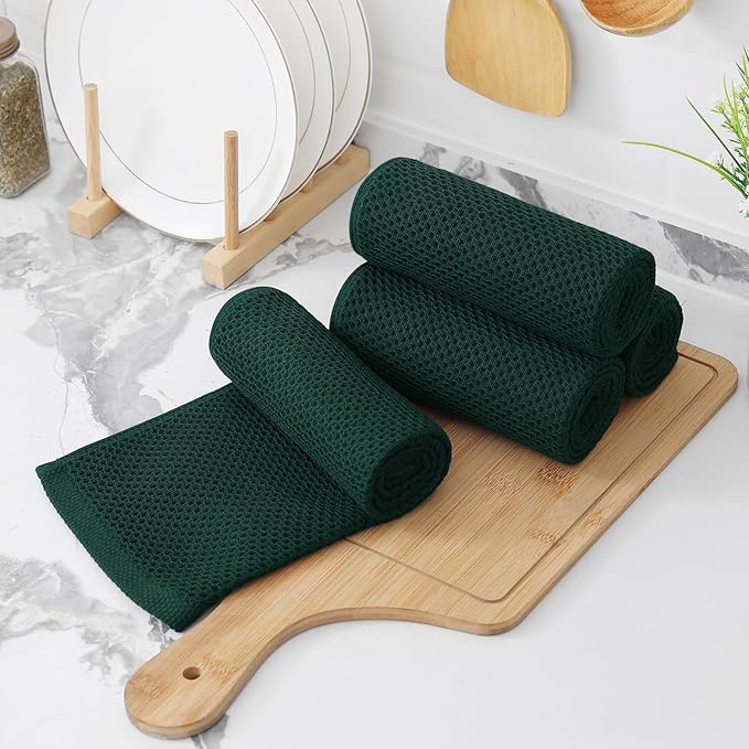 Kitinjoy 100% Cotton Waffle Weave Kitchen Hand Towels (13 X 28 Inches, Blackish Green), 8-Pack Super Soft and Absorbent Dish Towel for Drying Dishes