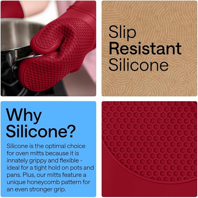 GORILLA GRIP BPA-Free Soft Silicone Oven Mitts, Heat Resistant and Waterproof Cooking Safety Gloves, Thick Cotton Lining, Flexible Gripping, Kitchen Potholders Set, for Grilling, BBQ, 12.5x8.3, Red