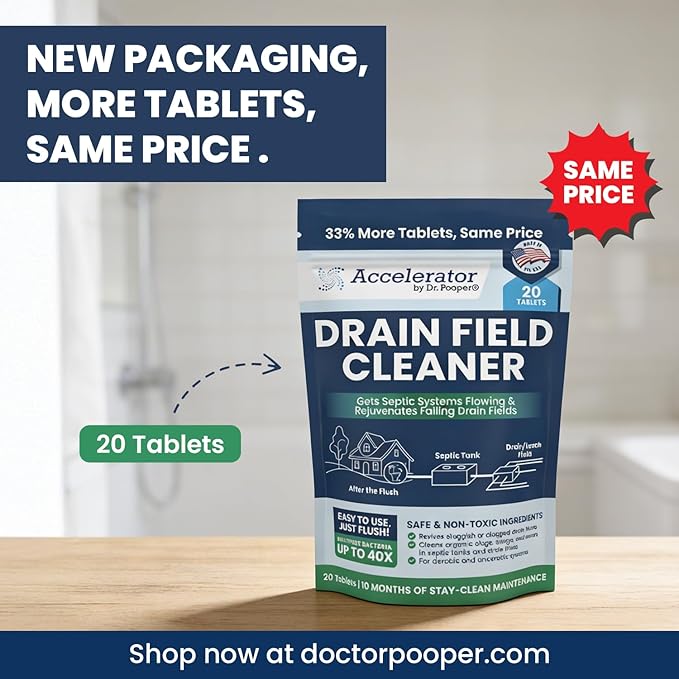 Drain Field Cleaner Tablets (20 Count) - Septic Tank Treatment for Clogs, Odor & Sludge - 90% Less Plastic - 10 Month Supply - Aerobic & Anaerobic Systems - Easy Flush