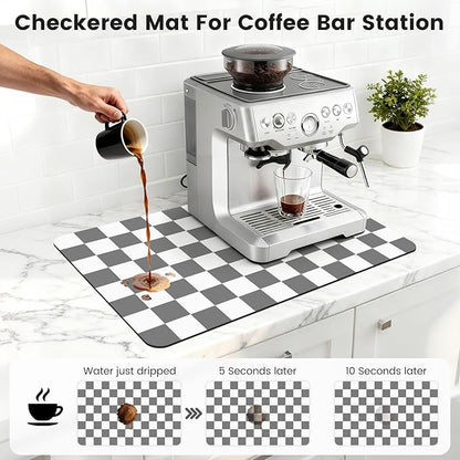 12" x 20" Checkered Dish Drying Mat for Kitchen Counter, Absorbent Coffee Bar Mat for Espresso Machine Coffee Countertops Accessories (Grey)