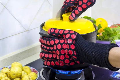 J H Heat Resistant Oven Glove:EN407 Certified 932 °F, 2 Layers Silicone Coating, Oven Mitts for Cooking, Kitchen, Fireplace,Camping, Grilling (Black/Red, Regular Cuff)