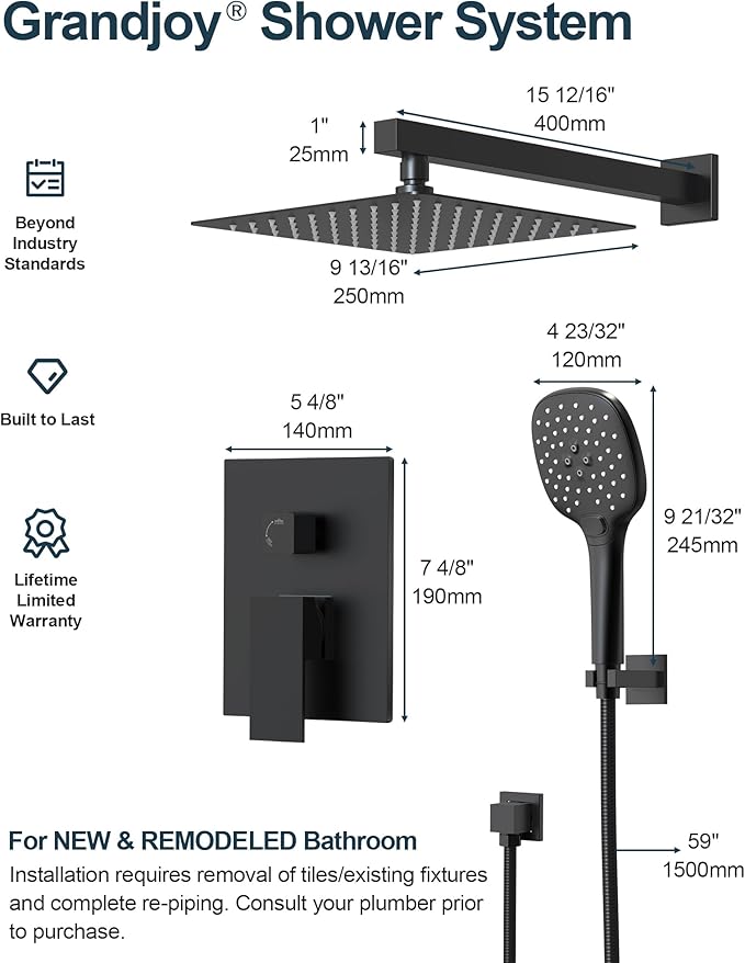 Double Handle High Pressure 3 Spray Shower Faucet Set with Valve 10 Inch Wall Mount Matte Black