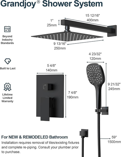 Double Handle High Pressure 3 Spray Shower Faucet Set with Valve 10 Inch Wall Mount Matte Black