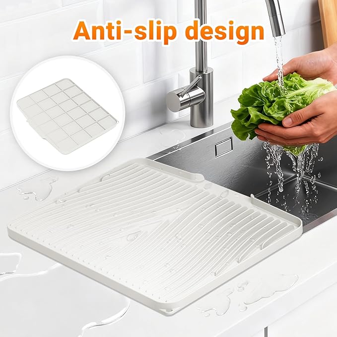 Silicone Dish Drying Mat for Kitchen Counter, Dish Drying Pad, Non-Slip Drain Pad with Built-in Drain, Heat Resistant Stone Drying Mat,Cream, 2pcs-XL