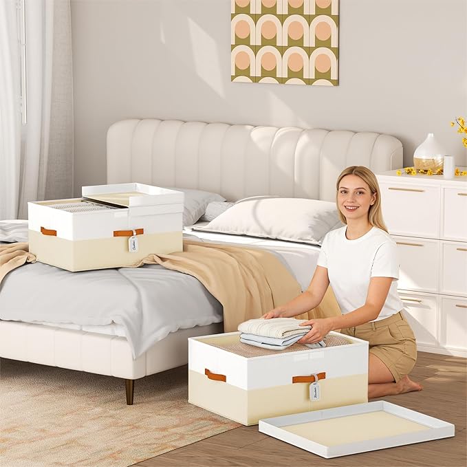 Extra Large Storage Bins - 3 Pack Closet Storage Boxes with Double-Open Lid & Divider Board, Stackable Colthes Storage Organizer, Fabric Basket with Label Tag for Home, Laundry