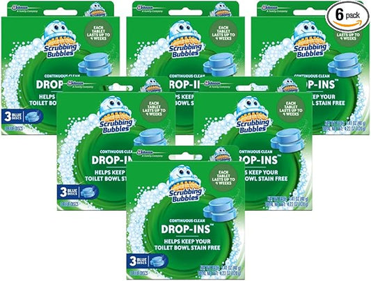 Scrubbing Bubbles Continuous Clean Toilet Drop-Ins, Automatic Blue Toilet Bowl Cleaner, Septic-Safe Tank Tablets Remove Hard Water Minerals & Limescale, Stain & Smell Protection, 3 Count (Pack of 6)