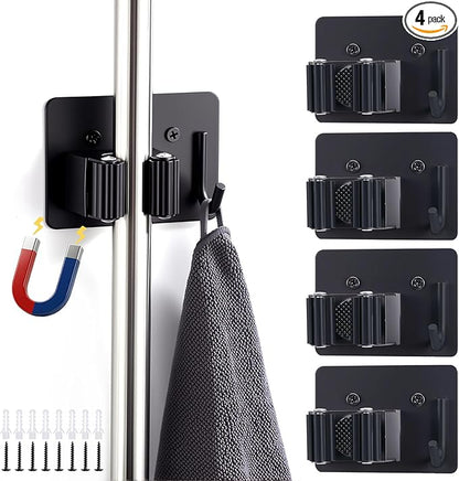 4pcs Magnetic Broom Holder Wall Mount, 12.13lbs Heavy Duty Mop and Broom Organizer, No Drill Tool Gripper for Garage Home Office Tool Organizer, RV & Living Room Essential (Black)