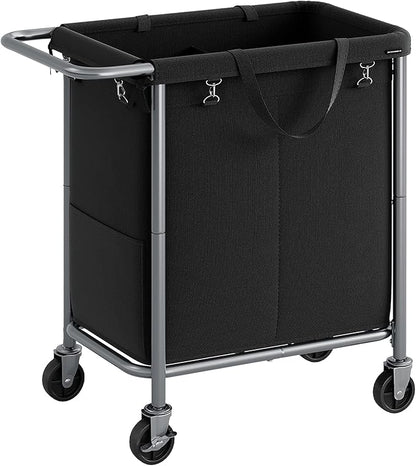 SONGMICS Laundry Basket with Wheels, 2-Section Rolling Laundry Hamper, 37 Gallons (140 L), Removable Liner, Steel Frame with Handle, 27.2 x 15.4 x 31.9 Inches, Ink Black URLS004B01