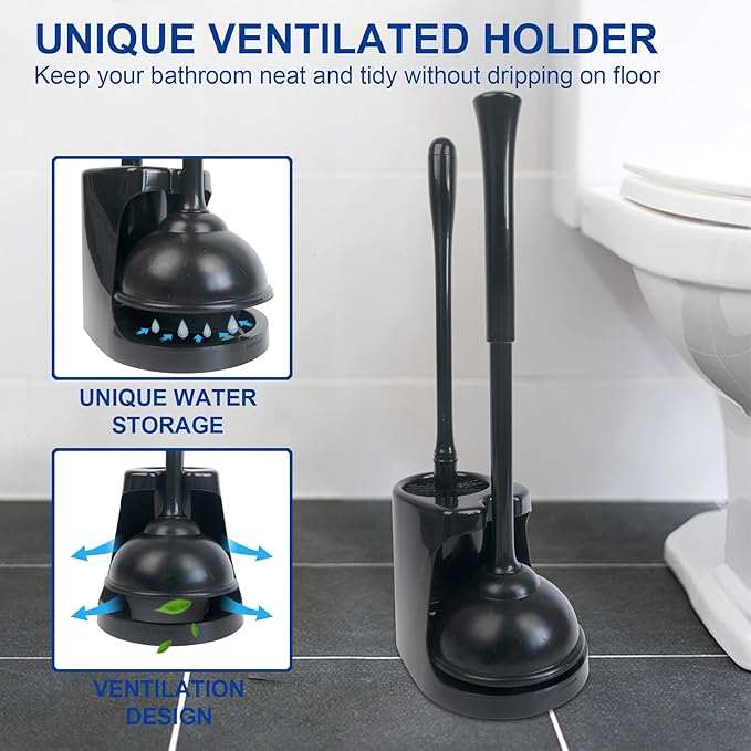CELOX Black Toilet Plunger and Brush Set with Holder for Bathroom, 1 Set,Silver-Black