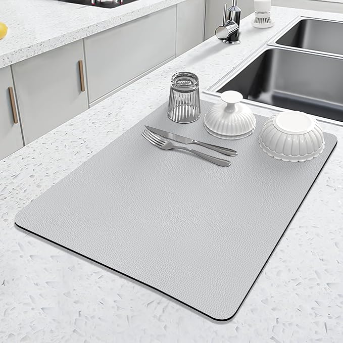 LOPNUR Kitchen Dish Drying Mat, 18"x16" Small Dish Drying Mats for Kitchen Counter, Diatomite Coffee Mat, Super Absorbent Dish Drying Pad, Heat Resistant Mat with Anti-slip Rubber Backed, Light Grey
