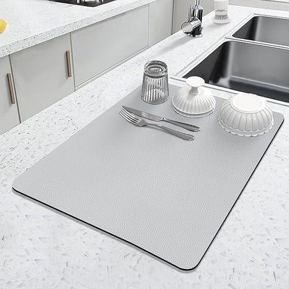 LOPNUR Kitchen Dish Drying Mat, 18"x16" Small Dish Drying Mats for Kitchen Counter, Diatomite Coffee Mat, Super Absorbent Dish Drying Pad, Heat Resistant Mat with Anti-slip Rubber Backed, Light Grey