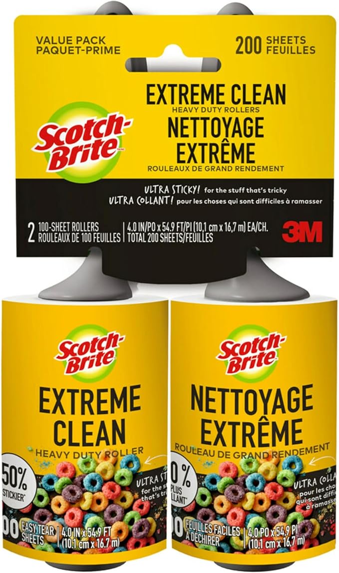 Scotch-Brite Extreme Clean Lint Roller, 50% Stickier, Heavy Duty Pet Hair and Debris Remover, 4 in x 54.9 ft Each, 4 Pack, 400 Easy Tear Sheets Total